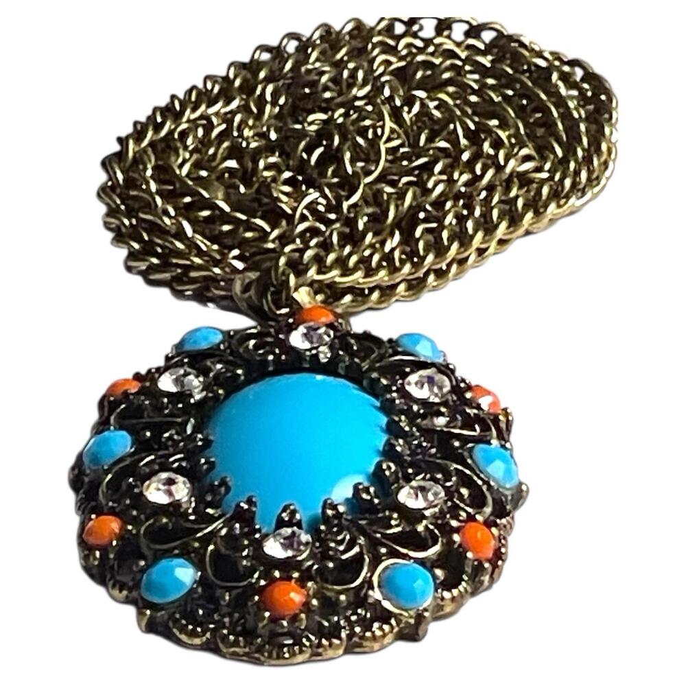 VTG 80s Marlyn Schiff Ornate Oval Pendant Necklace 32”Faux Turquoise+Pink Coral